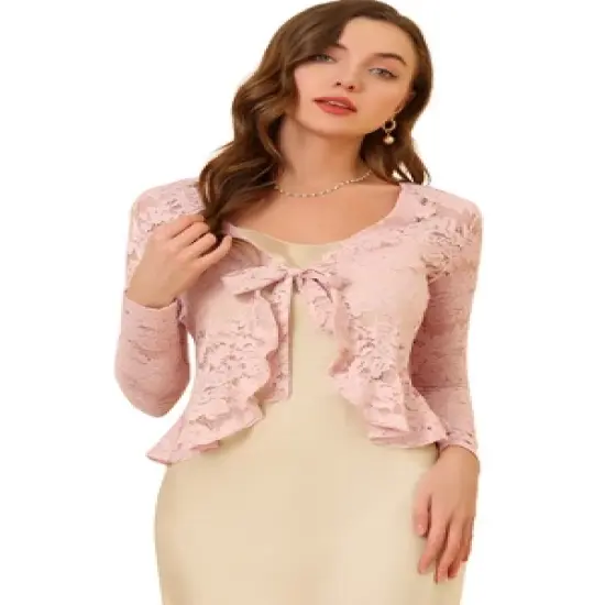 Allegra K Women's Tie Front Crop Cardigan Ruffled Hem Floral Lace Sheer Shrug Top image {6}