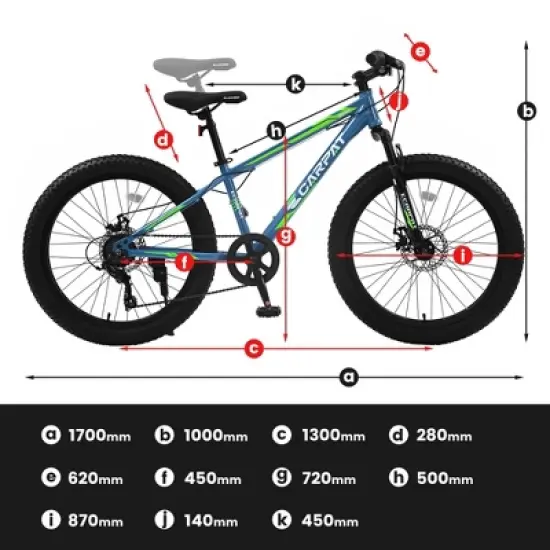 NAYSAYE 24 Inch Fat Tire Mountain Bike with 7 Speed Shifter Dual Disc Brake for Adults and Youth, Blue and Green, 67"*25"*40" image {2}