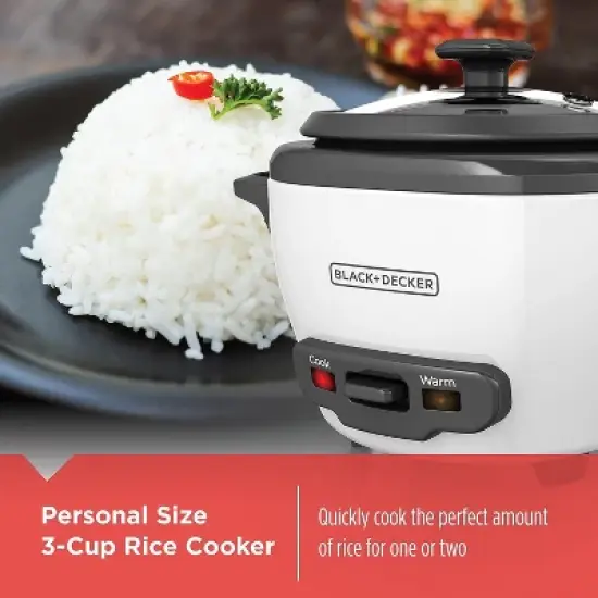 BLACK+DECKER 3-Cup Rice Cooker, RC503, 1.5-cup Uncooked Rice, Steaming Basket, Removable Non-Stick Bowl, One Touch image {4}