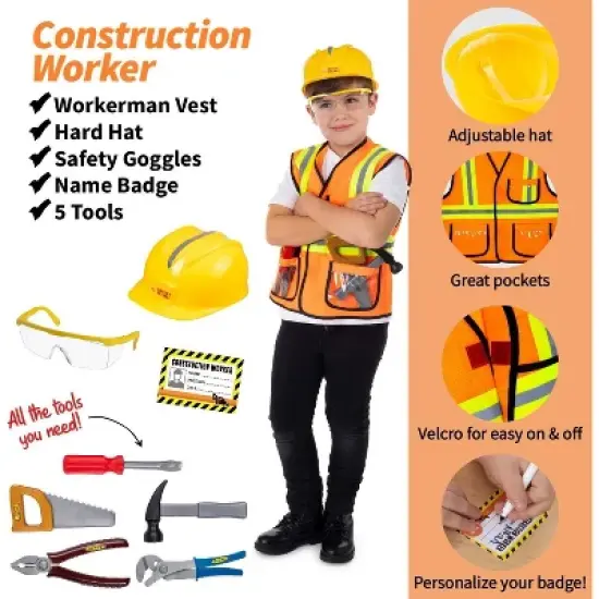 Bintiva 3-in-1 Pretend Play Costume Trunk &ndash; Construction Worker, Chef, and Gardener Role-Play Sets with Accessories &ndash; Ages 3+ image {3}