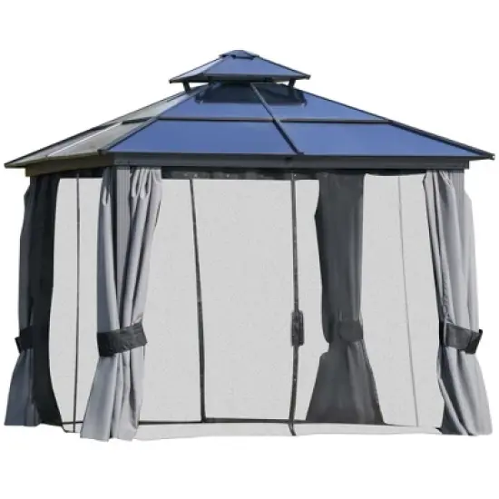 Outsunny Hardtop Gazebo Outdoor Polycarbonate Canopy Aluminum Frame Pergola with Double Vented Roof, Netting & Curtains for Garden image {3}