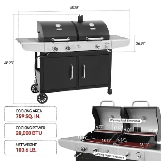 RoyalGourmet 2-Burner Gas and Charcoal Combo Grill with Cover ZH3002CTG Black image {10}