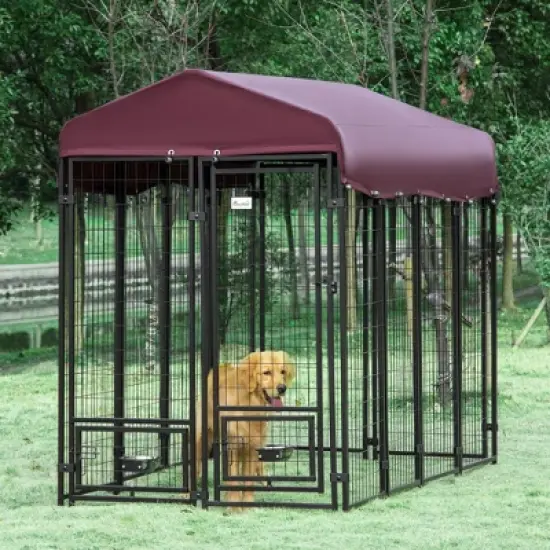 PawHut Outdoor Dog Kennel with Rotating Bowl Holders, Dog Playpen Fence with Waterproof Cover, 8' x 4' x 6', Red image {2}