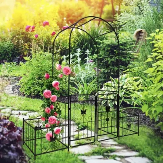 Lirago Metal Garden Arch with Double Gate Black Powder Coated Steel Trellis for Climbing Plants 86.6"H * 40.2"W * 19.7"D image {3}