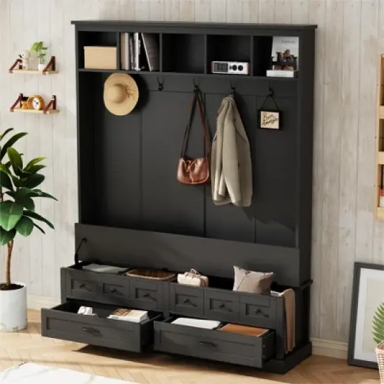 TiramisuBest Retro Farmhouse Hall Tree Bench with 5 Hooks, Lift-Top Storage & 2 Drawers - Entryway Organizer for Mudroom/Living Room (Black) image {1}