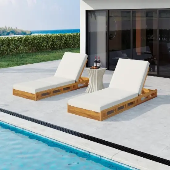 Christopher Knight Home Alfred Outdoor Acacia Wood Adjustable Chaise Lounge with 3-Fold Water-Resistant Cushion (Set of 2) image {9}