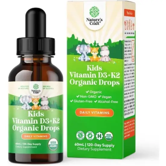Kids Vitamin D3 K2 Drops, Organic Vitamin D for Strong Bones & Joints, Infants, Babies & Toddler Immunity Liquid Supplement, Nature's Craft, 60ml image {8}