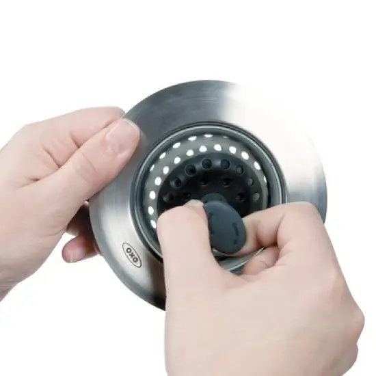 OXO Silicone Sink Strainer with Stopper: Black, Stainless Steel, Kitchen Drain Plug, Dishwasher-Safe, 4.3" Diameter image {2}