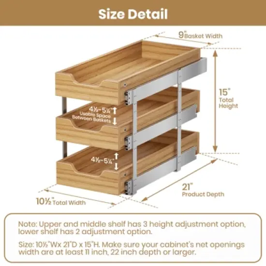 LOVMOR 3 Tier Pull Out Cabinet Organizer, Heavy-Duty Pull Out Drawer, Slide Out Wood Shelf for Cabinets image {3}