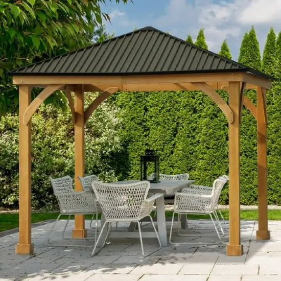 Aoodor Patio Solid Wooden Gazebo 10 x 10 ft. Hardtop Roof for Garden image {3}