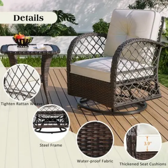 3pcs Outdoor Rattan Chat Furniture Set,  Patio Garden Seating Group Conversation Set with Swivel Chairs and Table -ModernLuxe image {5}