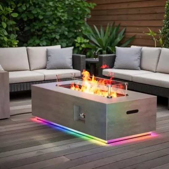 Evita 50,000 BTU Outdoor Fire Pit Table with LED Light, Propane Tank, Windshield, Glass Stone and Rain Cover-42*20*12 Inch, Brown image {7}