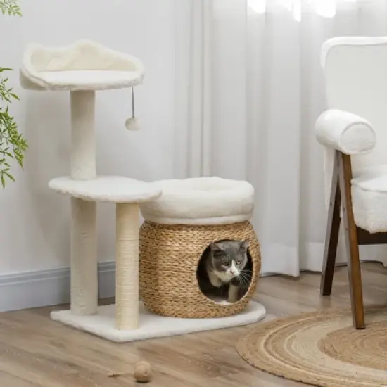 PawHut 31" Cat Tree Tower with Sisal Scratching Posts, Cat Condo, Cat Beds, Platform and Toy Ball, Cat Activity Center for Indoor Cats, Cream White image {1}