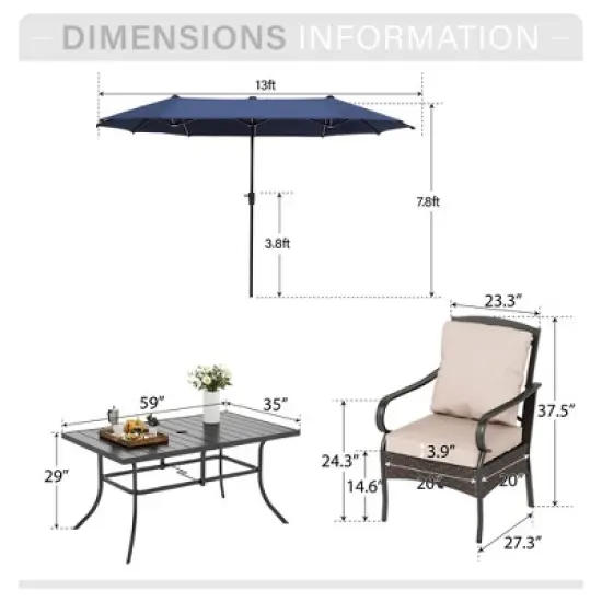 Captiva Designs 8pc Patio Rectangle Steel Dining Table & Rattan Chairs & Market Umbrella image {2}