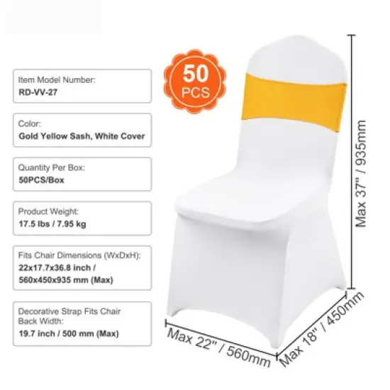 VEVOR Stretch Spandex Folding Chair Covers, Universal Fitted Chair Cover with Chair Sashes, Removable Washable Protective Slipcovers, Gold & White image {7}