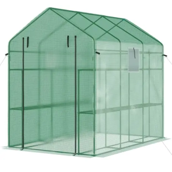Outsunny 2-Tier Shelf Greenhouse with Door, Windows, PE Cover, Steel Frame for Outdoor Garden Plant & Plant Use, 84.25" x 56.25" x 76.75", Green image {3}