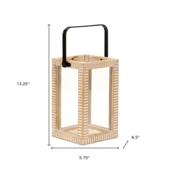 HomeRoots 13" Natural Distressed Geometric Solid Wood Tabletop Lantern Candle Holder image {2}