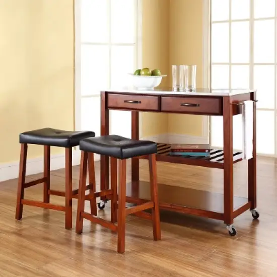 Stainless Steel Top Kitchen Prep Cart with 2 Upholstered Saddle Stools Cherry - Crosley image {1}