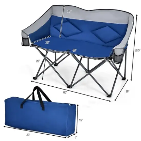 Costway Folding Camping Chair Loveseat Double Seat w/ Bags & Padded Backrest Gray\Blue image {9}