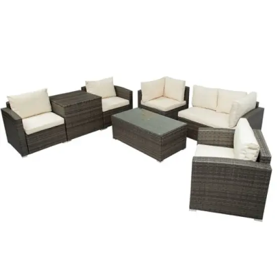 7pc Wicker Patio Seating Set with Cushions & Storage Box - Gray/Beige - GODEER image {5}