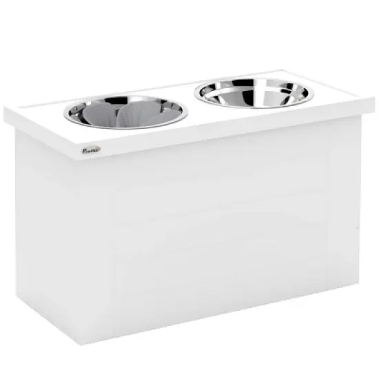 PawHut Elevated Dog Bowls, Pet Feeding Station with Slow Feeder Mat, Storage Cabinet, 3 Stainless Steel Bowls for Large & Extra Large Dogs, White image {3}