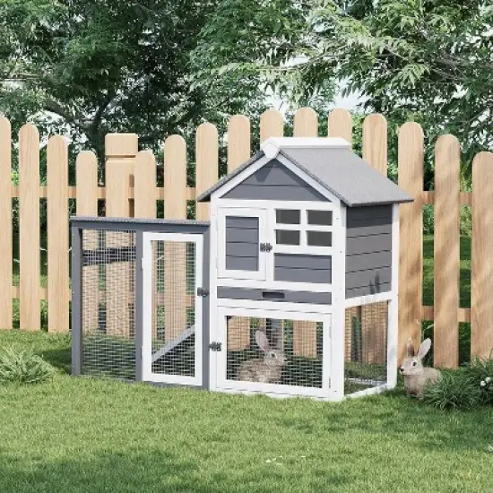 Acekool 2-Tier Rabbit & Chicken House, Weatherproof Outdoor/Indoor Pet Hutch with Pull-Out Tray, 4 Doors, Non-Slip Ramp image {7}