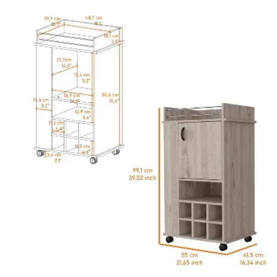 Gulches 1-Door Bar Cart with Wine Rack & Casters in Light Gray image {3}
