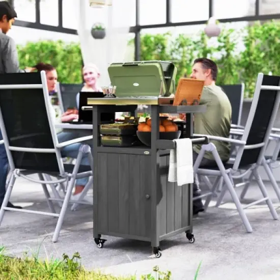 Outsunny Outdoor Grill Cart with Wheels, Storage Cabinet, Solid Wood Outdoor Kitchen Island with Stainless Steel Top, Integrated Hole image {5}