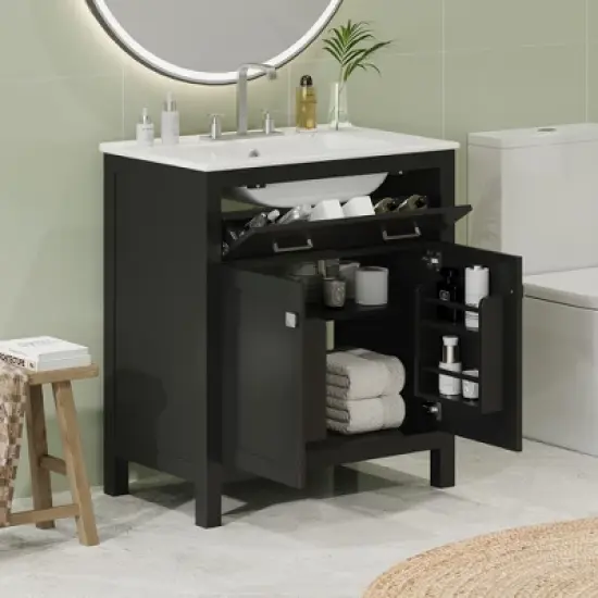 Whisen 30" Bathroom Storage Cabinet Bathroom Vanity with Ceramic Sink, Soft Close Doors, Adjustable Shelf and Flip Drawer image {1}