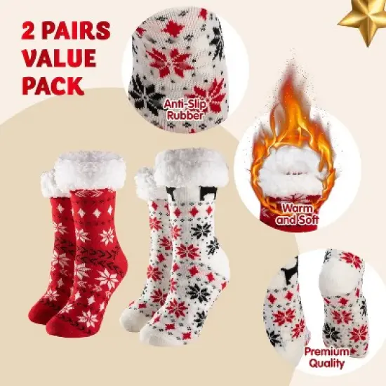 Joyfy 2 PCS Christmas Socks, Womens Soft Fleece Fuzzy Slipper Crew Socks, Holiday Birthday & Xmas Party Gifts image {3}