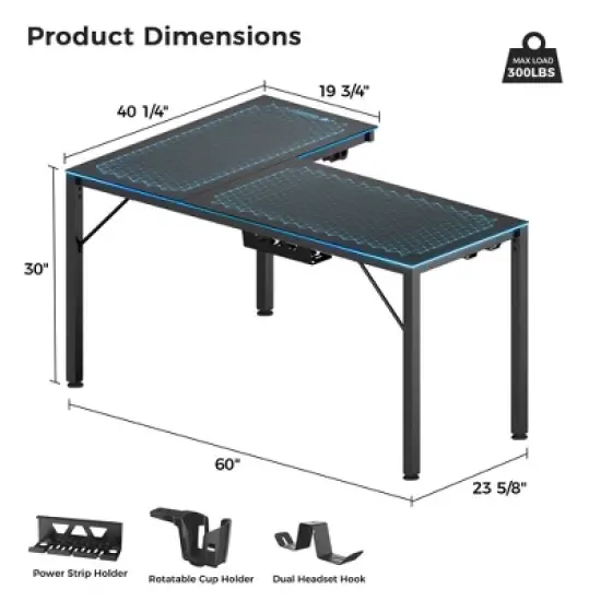 GTG-L60, 60"x23" L Shaped Glass Desktop Gaming Desk,Black,48.54" D x 60'' W x 30" H image {7}