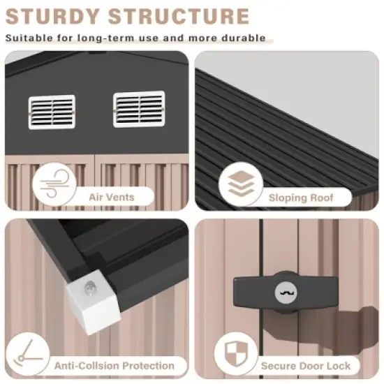 6x8 FT Heavy Duty Metal Storage Shed - Outdoor Galvanized Steel Garden Shed, Lockable Door & Air Vents (Black TOP & Brown Side) image {4}