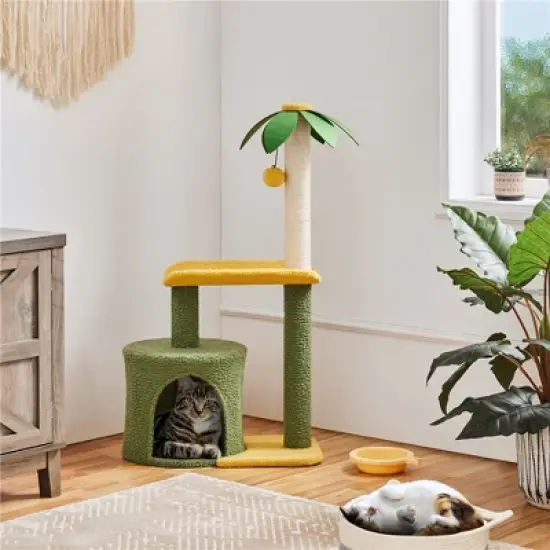 Yaheetech 37&Prime; Tall Coconut Palm Cat Tree with Natural Sisal Rope Green/Yellow Green image {1}