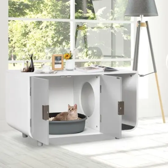 Costway Cat Litter Box Enclosure Furniture Hidden Cat Washroom with Rubber Wood Legs image {4}