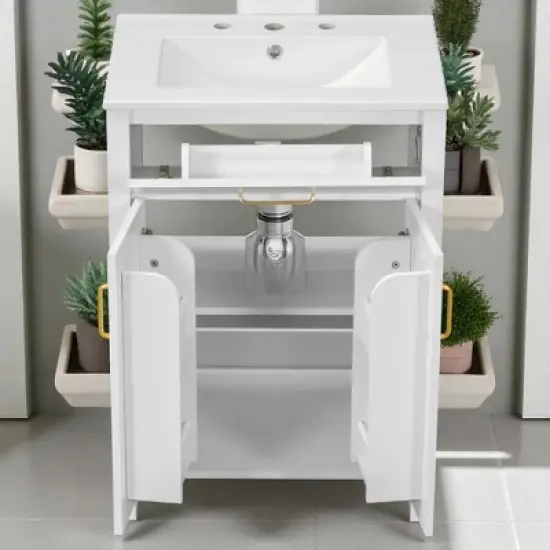 48" Freestanding Double Bathroom Vanity with Dual Ceramic Sinks, Solid Wood Cabinet with 4 Soft-Close Doors, No Faucet image {8}