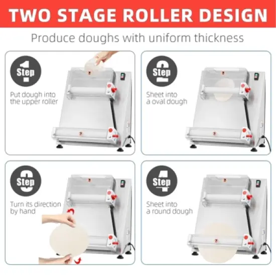 Pizza Dough Roller, Commercial Dough Sheeter - 370W Dual-Roller Electric Stainless Steel, Max 16''  Pasta Maker Compatible image {1}