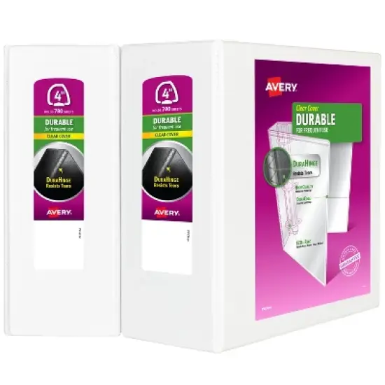 Avery 4" Durable View 3 Ring Binder, EZD Ring, Holds 8.5" x 11" Paper, 2 White Binders (9801) image {7}