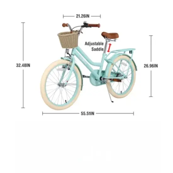 DSVIMOY 20 inch Girls Bike with Basket for 7-10 Years Old Kids, No Training Wheels Included, Mint Green, 55.51"*21.26"*32.48" image {2}