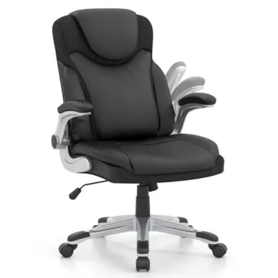 Costway Ergonomic Office Chair PU Leather Executive Swivel with Flip-up Armrests Brown/White/Black image {11}