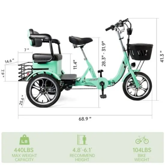 Topteng Electric Trike for Adult, Folding Three-Wheel E-Bike with Rear Seat and Thickened Tire image {12}