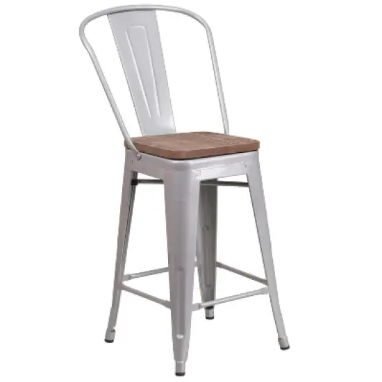 Merrick Lane Metal Dining Stool with Curved Slatted Back and Textured Wood Seat image {13}