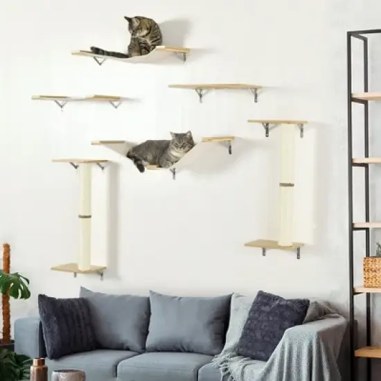 PawHut Unique Cat Tree Made From Cat Shelves with 8 Levels for More Height, Wall-Mounted Cat Tree Climbing Playground, Cat Hammocks, Modern Cat Tree image {1}