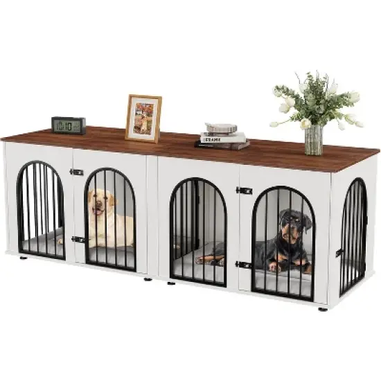 71" Large Dog Crate Furniture for 2 Dogs, Wooden Double Dog Crate, Indoor Dog Kennel TV Stand with Divider and Cushion for Large Medium Dogs,White image {1}