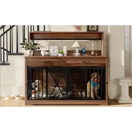 Dog Crate Furniture for Large or 2 Medium Dogs, Heavy Duty Dog Cage Table with 2 Storage Drawers and Shelves,for 2 Dogs with Divider Locks image {12}