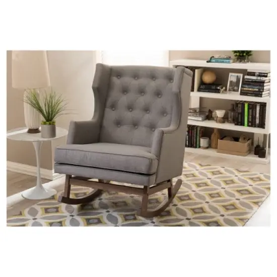 Iona Mid - Century Retro Modern Fabric Upholstered Button - Tufted Wingback Rocking Chair - Gray - Baxton Studio image {3}