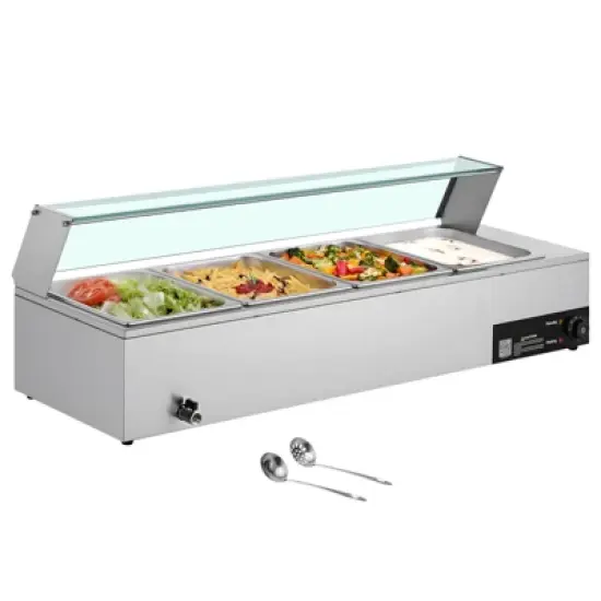 VEVOR Commercial Food Warmer, 1500W Electric Stainless Steel Steam Food Warmer with Glass Cover, 4-Pan Countertop Buffet Bain Marie, Silver image {8}
