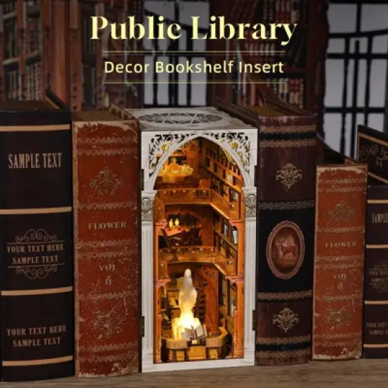 Aoibox Book Nook Kit DIY Miniature Wooden House Puzzle Public Library Bookshelf Decoration with LED Light Dust Cover Craft Gift for Teens Women image {7}