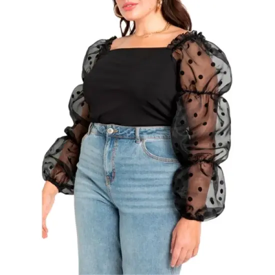 ELOQUII Women&rsquo;s Plus Size Flocked Organza Sleeve Top image {1}