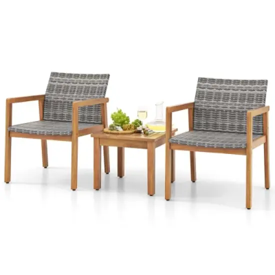 Costway 3 PCS Outdoor Furniture Set, Acacia Wood Frame Sofa Set with Rattan Seat image {1}