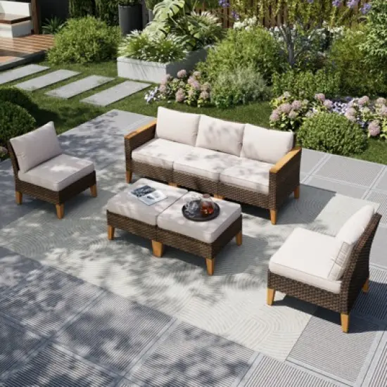 Captiva Designs 7pc Wicker Outdoor Patio Rattan Sectional Conversation Set with Armless Chairs image {11}